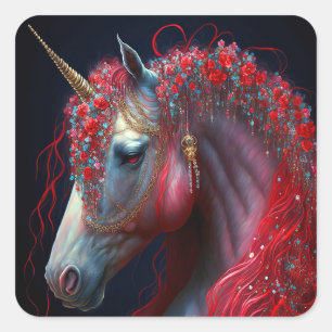 Sticker Carré Art de l'Imaginaire de la licorne rouge