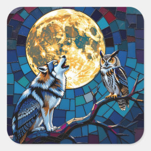 Sticker Carré Art de mosaïque de loup et de hibou