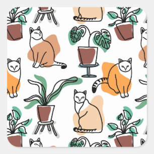 Sticker Carré Art de trait dessin chats et fleurs