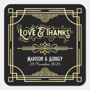 Sticker Carré Art Déco Mariage Amour & Merci Gold Black Faveur
