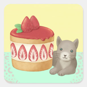 Sticker Carré Art d'illustration de chat et dessert