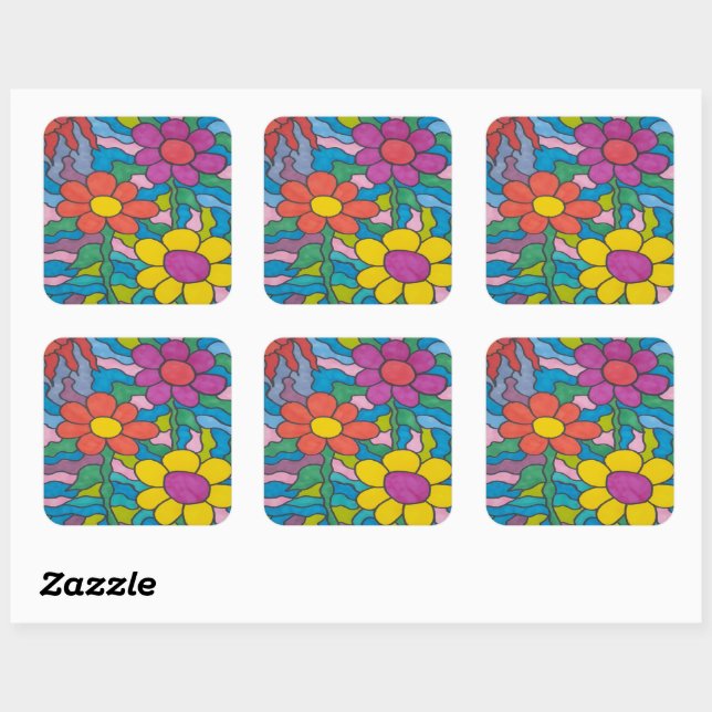 Sticker Carré Art Fleur Hippie Rétro  (Feuille)