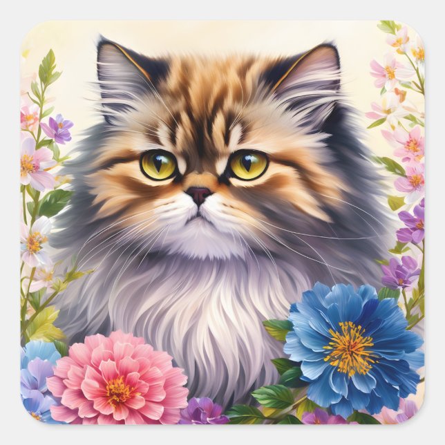Sticker Carré Art Floral de Chat Perse (Devant)
