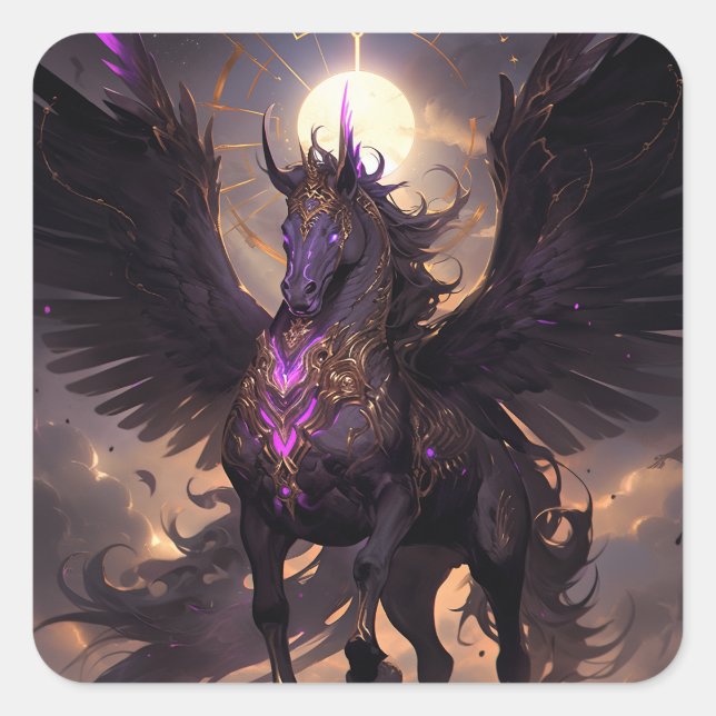 Sticker Carré Art Imaginaire noir violet Unicorne (Devant)