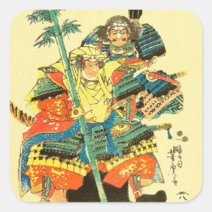 Sticker Carré Art Japonais - Deux Samurais En Plein Armure De Ba