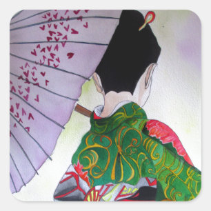 Sticker Carré Art japonais Geisha avec kimono et parapluie