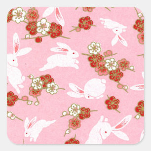 Sticker Carré Art japonais : Sakuras et lapins roses