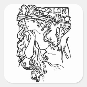 Sticker Carré Art nouveau Alphonse Mucha salon noir et blanc