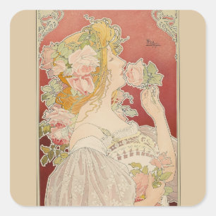 Sticker Carré Art Nouveau Belle Époque Dame Roses Livemont