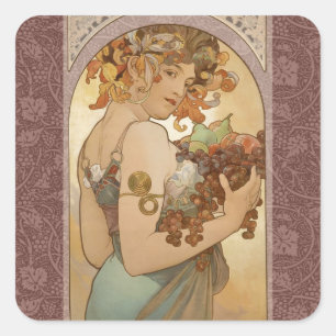 Sticker Carré Art Nouveau Mucha Belle Fruit Femme