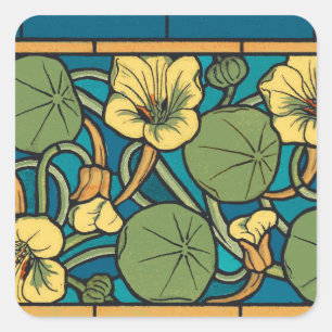 Sticker Carré Art Nouveau Nasturtium Bleu Or floral Verneuil