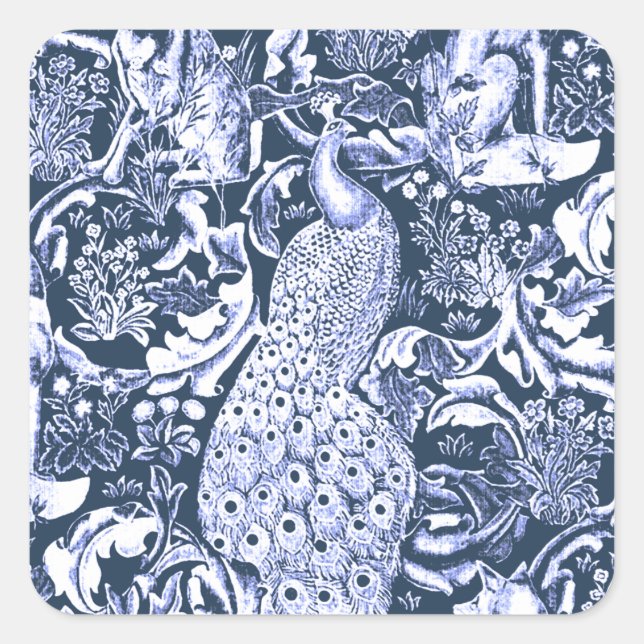 Sticker Carré Art Nouveau Peacock Print, Navy et White (Devant)