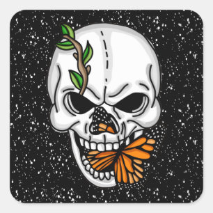 Sticker Carré Art numérique crâne et papillon