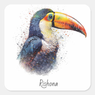 Sticker Carré Art personnalisé de toucan tropical avec nom - Ois