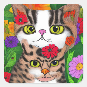 Sticker Carré Art populaire Chat coloré et chaton
