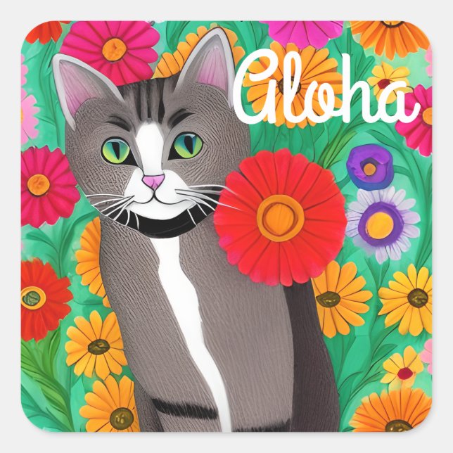 Sticker Carré Art populaire Chat coloré et Fleurs Aloha (Devant)