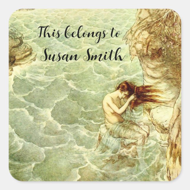 Sticker Carré Arthur Rackham Illustration Nymphe sur un rocher (Devant)