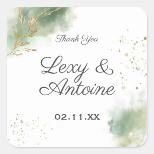 Sticker Carré Artistic Chic Moss Green Aquarelle or Mariage