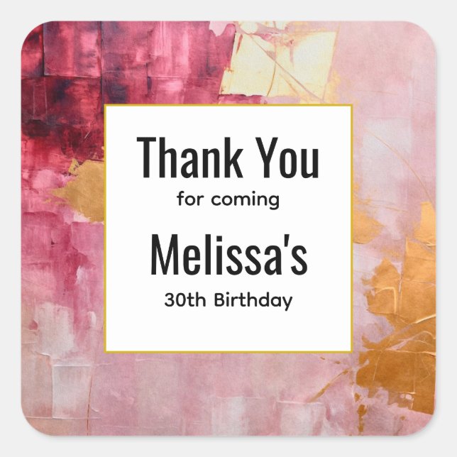 Sticker Carré Artistic Gold et rose Abstrait Anniversaire Merci (Devant)