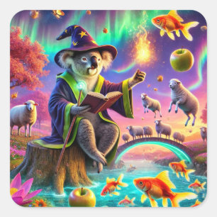 Sticker Carré Assistant Koala Casting Magic dans la forêt enchan