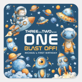 Sticker Carré Astronaut Cat Space Rocket Blast Off 1st Birthday
