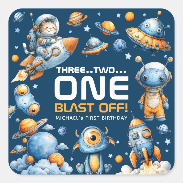 Sticker Carré Astronaut Cat Space Rocket Blast Off 1st Birthday (Devant)