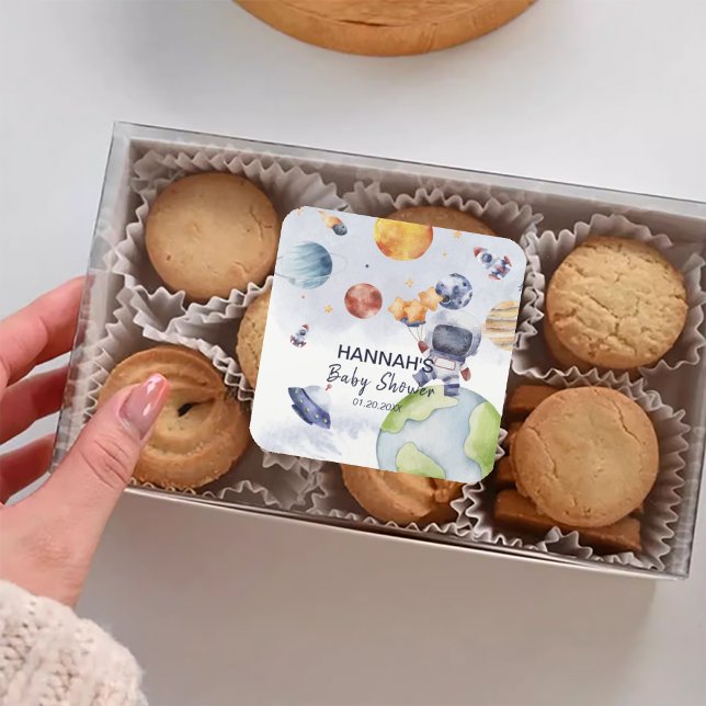 Sticker Carré Astronaut Espace extra-atmosphérique Baby shower d (Astronaut Outer Space Boy Baby Shower Party Square Sticker)