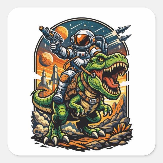 Sticker Carré Astronaut Riding a T-Rex – Epic Space Dinosaur (Devant)