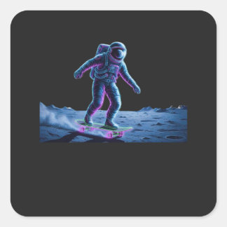 Sticker Carré Astronaute néon faisant du skateboard sur la Lune
