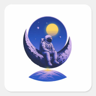 Sticker Carré Astronaute Rétro sur le Croissant de Lune – Espace