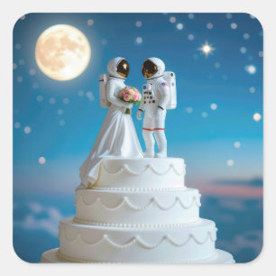 Sticker Carré Astronautes nouvellement mariés sur un gâteau Mari