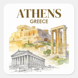 Sticker Carré Athènes Grèce Acropole Croquis Aquarelle Personnal