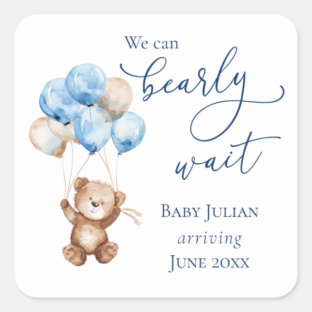 Sticker Carré Attendez à peine ours en peluche bleu Baby Shower (Devant)