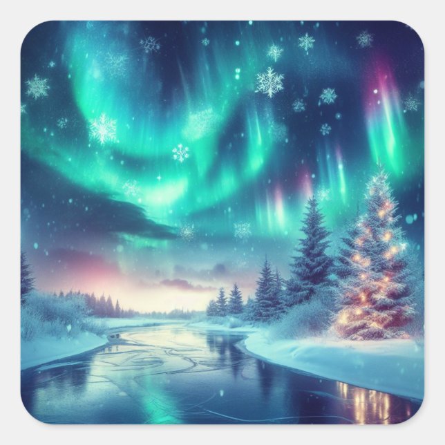 Sticker Carré aurora borealis/Noël/hiver (Devant)