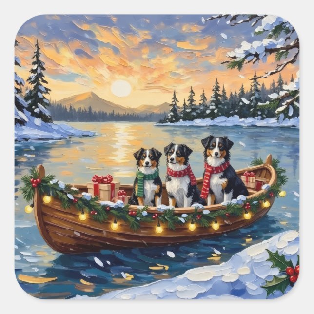 Sticker Carré Australian Shepherd Christmas Boat Holiday (Devant)