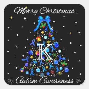 Sticker Carré Autisme Arbre de Noël bleu