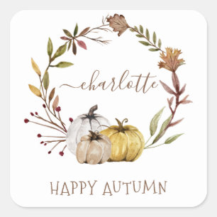 Sticker Carré Automne Aquarelle Citrouille heureux automne