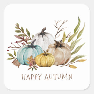 Sticker Carré Automne Aquarelle Citrouille heureux automne