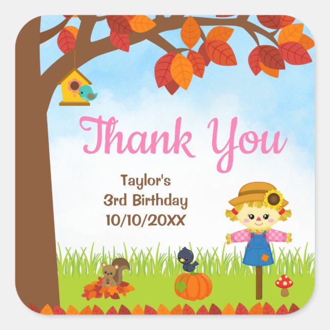 Sticker Carré Automne Automne Fille Ecarecrow Anniversaire Merci (Devant)