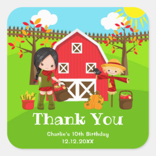 Sticker Carré Automne Barnyard Anniversaire Black Hair Girl Merc