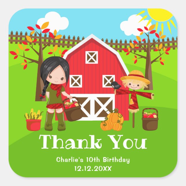 Sticker Carré Automne Barnyard Anniversaire Black Hair Girl Merc (Devant)