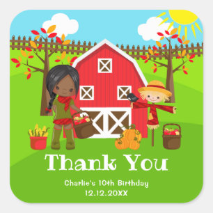 Sticker Carré Automne Barnyard Anniversaire Dark Skin Girl Merci