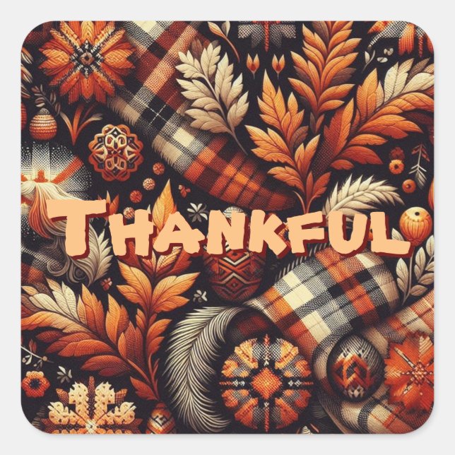Sticker Carré Automne Plaid Feuilles Orange Black Motif (Devant)