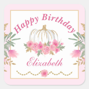 Sticker Carré Automne Rose Citrouille Or Joyeux Anniversaire