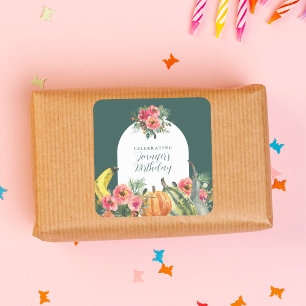 Sticker Carré Automne Vert Citrouille rose Floral fête d'anniver