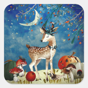 Sticker Carré Automne Woodland Friends Deer Forest Illustration