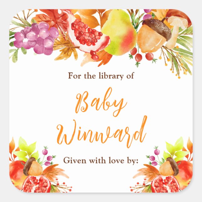 Sticker Carré Autumn Fall Harvest Baby Shower Bookplate (Devant)