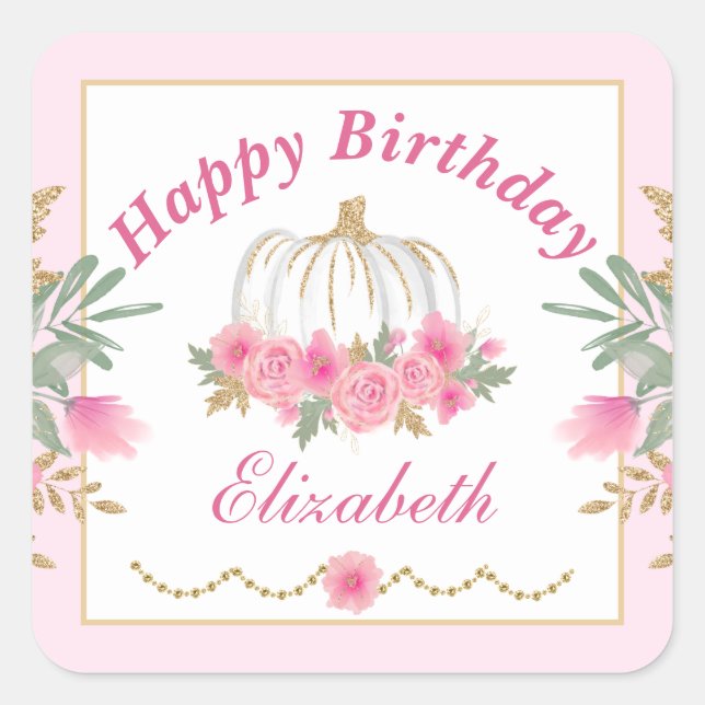Sticker Carré Autumn Fall Pink Pumpkin Gold Happy Birthday (Devant)
