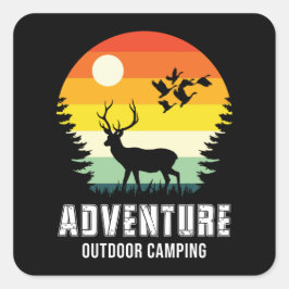 Sticker Carré Aventure Camping Extérieur Ours Et Forêt