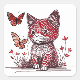 Sticker Carré Aventures Cat Et Papillon